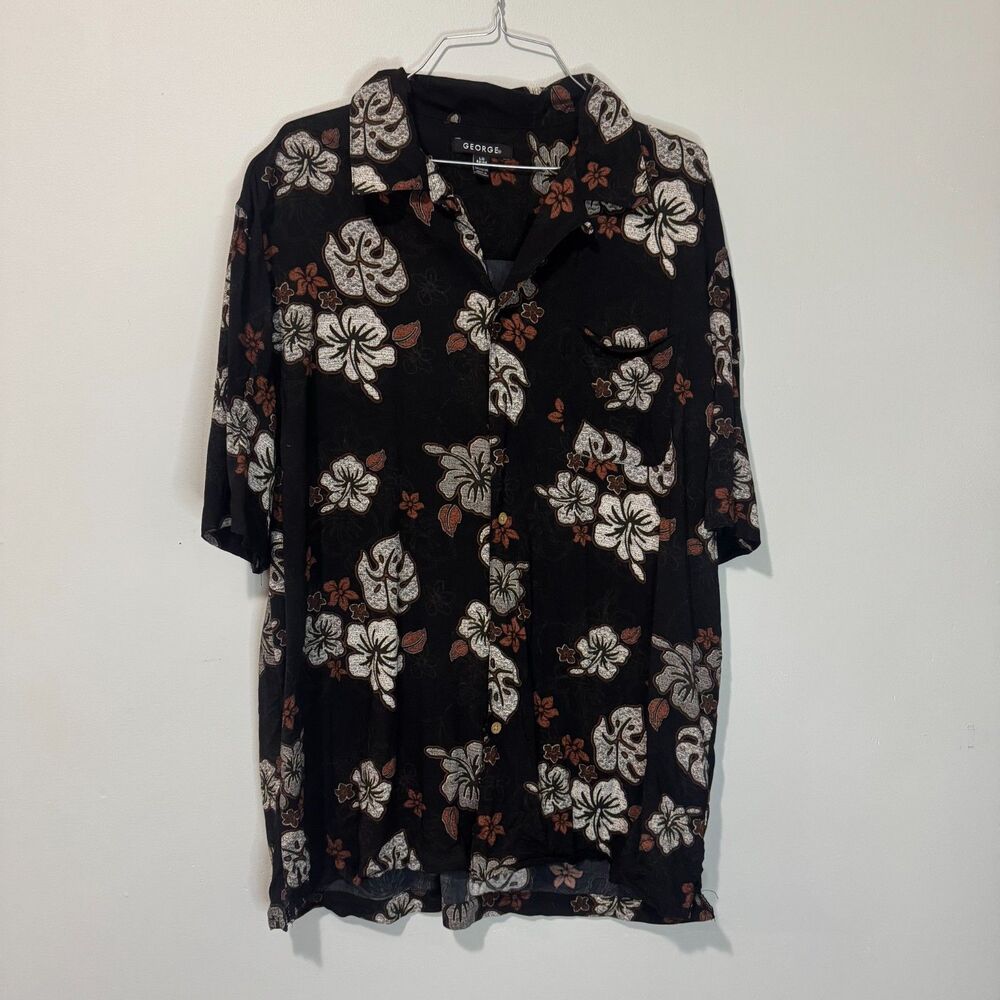 George Men's Black Floral Hawaiian Button-Down Shirt – Short Sleeve, Size Large